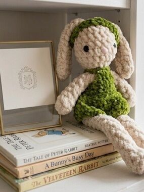 Handmade Cream Crochet Bunny Doll with Green Dress - Soft Plush Toy